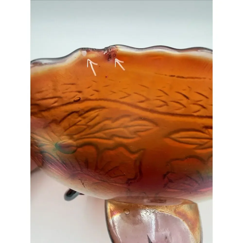 Fenton Two Flowers Carnival Glass Footed Bowl 8” Ruffled Wavy Edge Antique